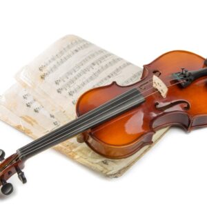 A beautiful violin resting on vintage sheet music, set against a clean white background.